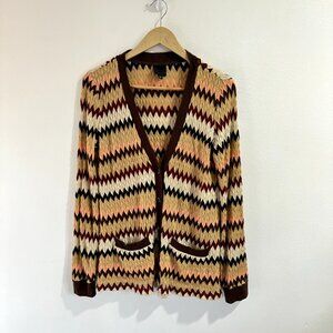 Vintage 90s Y2K Anna Sui Sweater 12 / L Chevron Cardigan Knit Tan Brown Retro